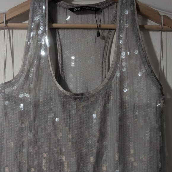 NEW! Zara | Sequin Racerback Maxi Dress In Silver - Picture 8 of 16